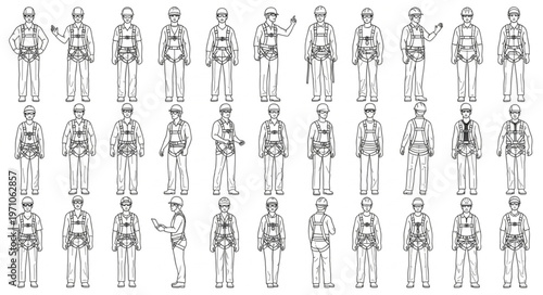 Detailed illustration of numerous soldiers in various uniforms and poses, standing.