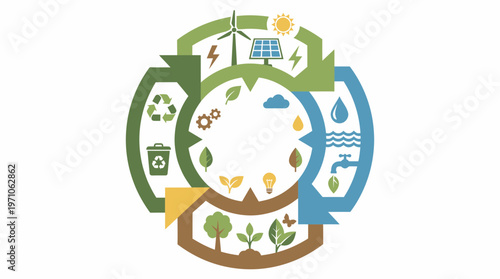 The infographic illustrates eco friendly practices through recycling and renewable energy sources.