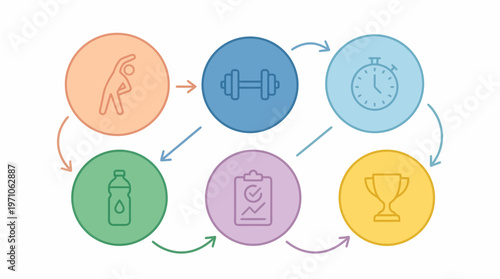 The infographic shows a fitness journey with exercise, nutrition, and tracking.