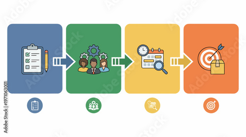 The infographic illustrates a business process involving teamwork and strategy.