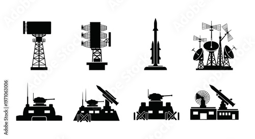 Military Defense Technology Glyphs: Radar, Missiles, Anti-Aircraft, Communication Towers
