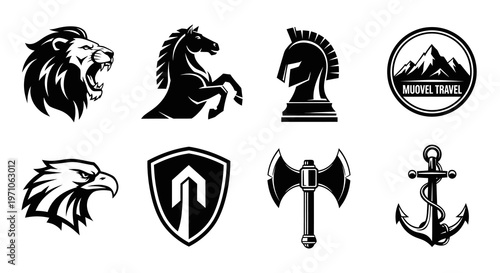 Collection of Black and White Vector Animal, Warrior, Travel, and Abstract Logo Glyphs