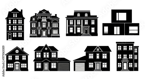 Housing Real Estate Architecture Black and White Silhouette Vector Buildings and Homes Set