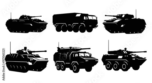 Military Combat Vehicles Silhouette Vector Collection - Army Tanks and Armored Transport