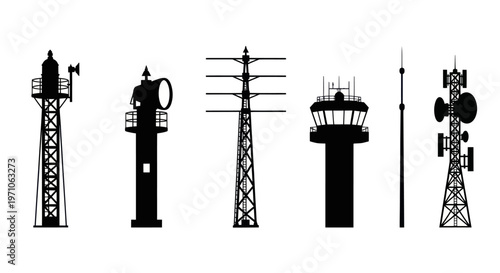Communication Navigation and Broadcast Towers Silhouettes Vector Set