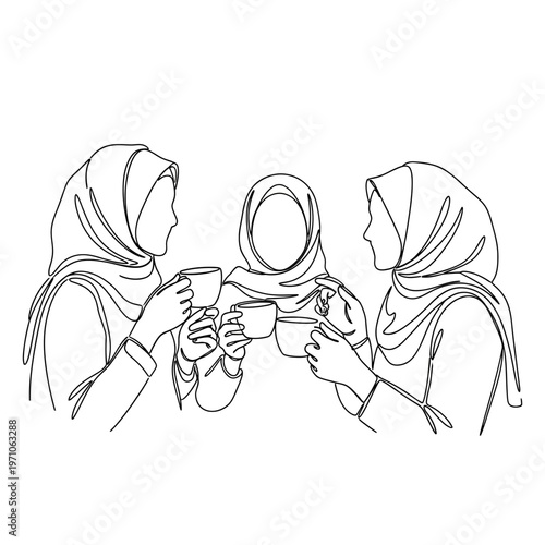 Women wearing headscarves drinking coffee.