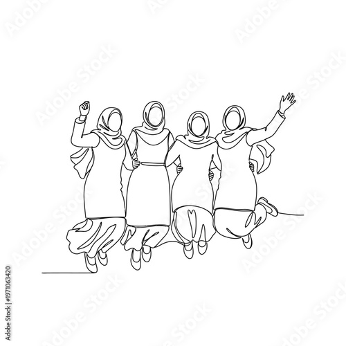 Four women jumping in celebration together.