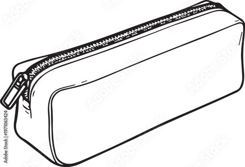 Black and white pencil case vector illustration with zipper pouch for stationery storage and school design