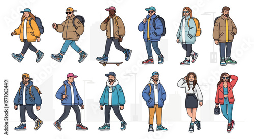 Modern flat illustration of diverse young adults with casual fashion and urban lifestyle