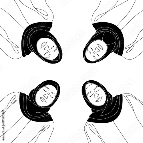 Four women wearing headscarves sleeping.