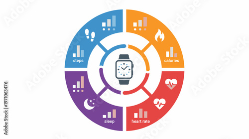 The infographic illustrates a smartwatch displaying vital statistics in a circular graphic.