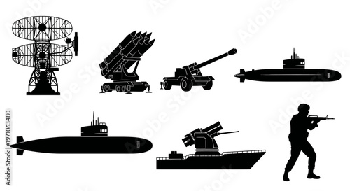 Military  Defense Silhouettes: War Equipment, Soldier, Radar, Submarine  Weapons Vector Set