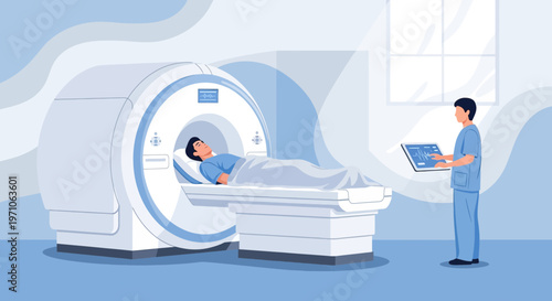 Patient undergoing MRI scan in a modern medical facility with a technician.