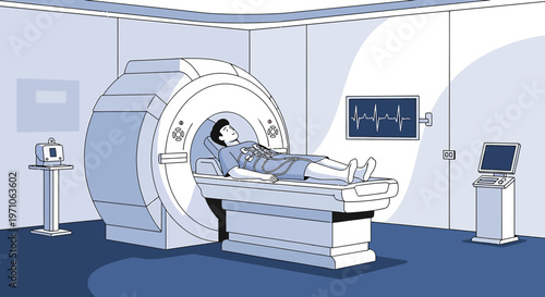 Patient undergoing MRI scan in a modern medical facility with advanced technology and monitoring equipment.