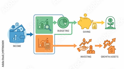 The infographic illustrates financial planning process from income through budgeting, saving, and investing.