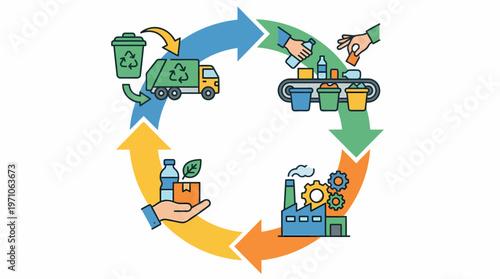 The infographic illustrates recycling process in a city environment.