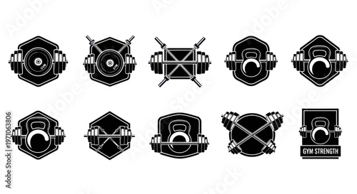 Monochrome Fitness Gym Equipment Badges - Dumbbell, Barbell, Kettlebell Workout Logos