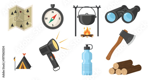 Flat Vector Illustration Set of Camping and Outdoor Adventure Gear and Equipment Icons