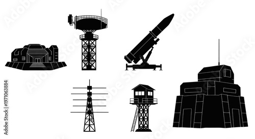 Military Defense Installations and Equipment Black Silhouettes Vector Set