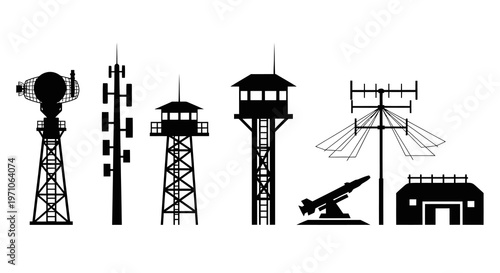 Military  Defense Communication Towers, Radar, Missile Launcher Silhouettes Vector Set