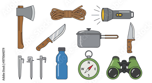 Flat Design Camping and Outdoor Adventure Gear Vector Illustration Set
