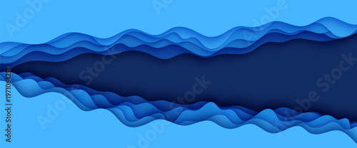 3d abstract bg vector illustration origami environment template. Cut out diagonal deep waves rift in the ocean floor. Blue color layers with smooth shadow papercut art. Wavy border in paper cut style.