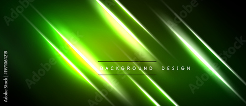 Abstract green background features bright diagonal lines. Modern design with glowing effects, dark edges create contrast.
