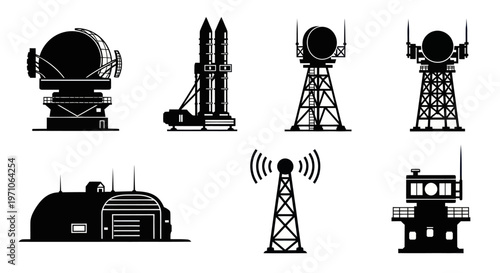 Military Defense Communication Technology Silhouette Icons: Radar, Missile, Antenna, Tower