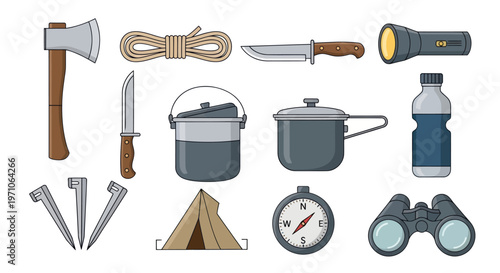 Outdoor Camping Adventure Gear Icon Set Cartoon Vector Illustration