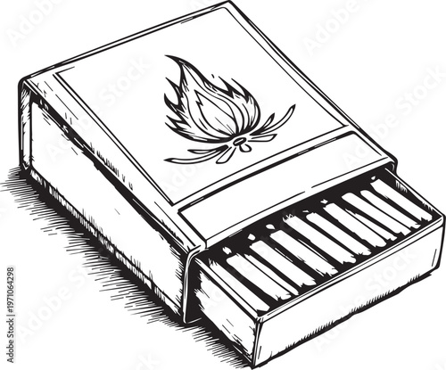 Black and white matchbox vector illustration with flame symbol for fire lighting and vintage design