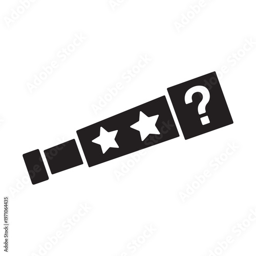A black silhouette of a telescope with stars and a question mark on a white background.