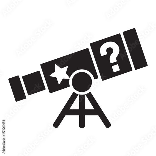 A black silhouette of a telescope with stars and a question mark on a tripod stand.