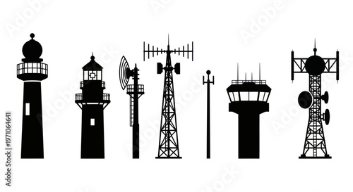 Communication  Navigation Towers Black  White Silhouette Vector Icons Set