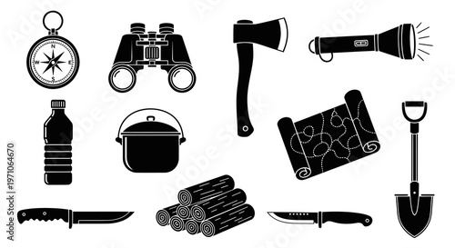 Outdoor Camping and Survival Equipment Tools Black Glyph Icons Set