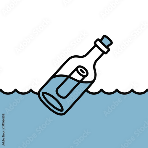 A cartoon illustration of a message bottle floating in water