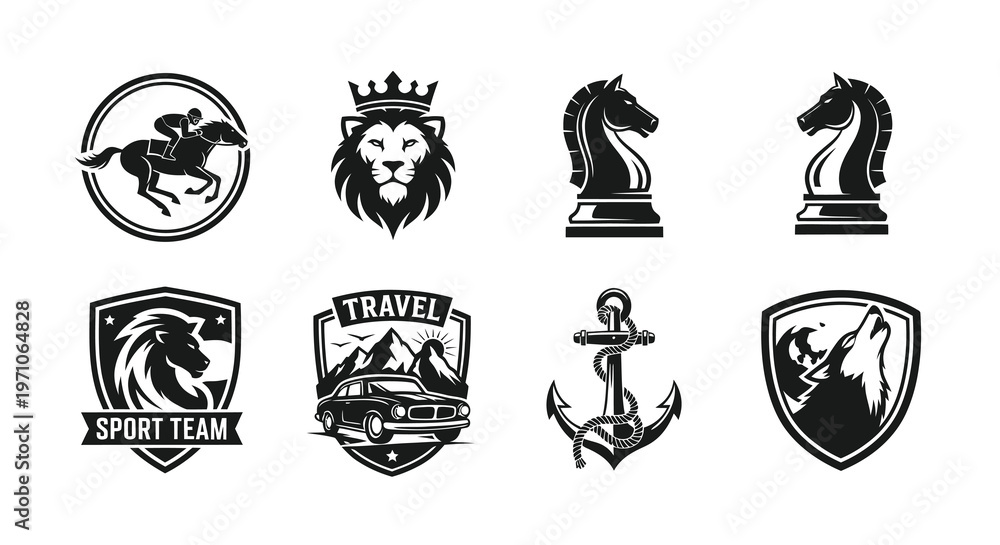 Fototapeta premium Black White Glyph Vector Logos Set: Sports, Animals, Travel, Chess, and Nautical Symbols