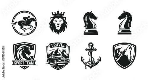 Black  White Glyph Vector Logos Set: Sports, Animals, Travel, Chess, and Nautical Symbols