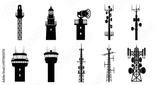 Communication, Navigation, Aviation Towers  Lighthouses Black Silhouette Icons Set