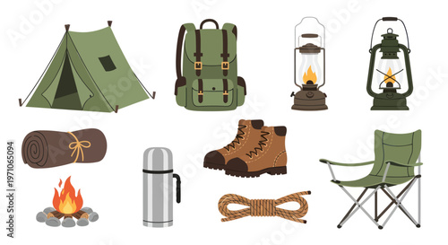 Camping and Outdoor Equipment Flat Vector Illustration Set - Hiking Adventure Gear Collection