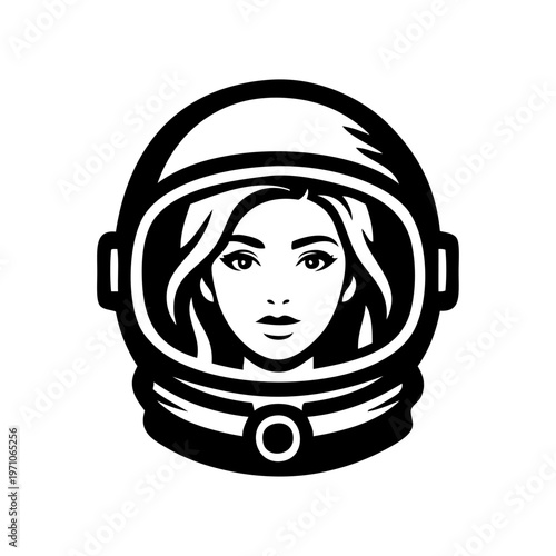 Logo exploración del espacio. Dibujo sencillo con líneas de la cabeza de una mujer con casco de astronauta 
