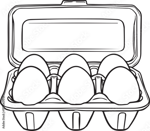 Black and white egg carton vector illustration with six eggs for food kitchen and grocery design
