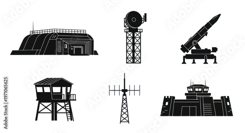 Military Defense Facilities and Equipment Glyph Icons Set