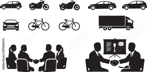 business team meeting presentation handshake silhouette set black vector