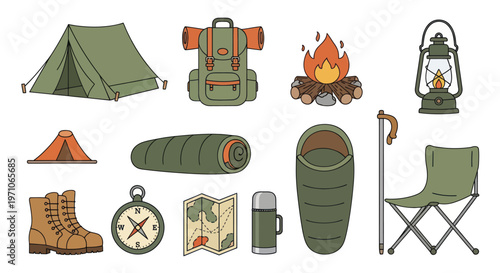 Flat Line Art Vector Illustration Set of Camping and Outdoor Adventure Equipment Icons