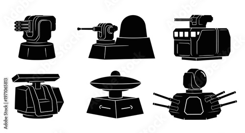Military Technology Defense Turrets Glyph Icon Set - Black and White Weapon  Radar Systems