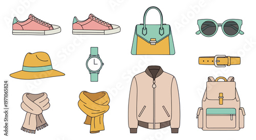 Flat Line Art Fashion Accessories and Clothing Items Icons Set