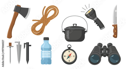 Flat Vector Illustration Set of Outdoor Camping and Survival Gear Essentials
