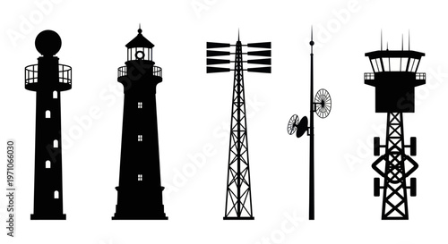 Communication  Navigation Towers Silhouette Vector Icons Set: Lighthouses, Radio, Air Control