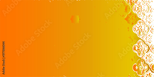 Macro shot of cold liquid with golden bubbles and orange circles creating an abstract texture of refreshing soda or champagne drops on a bright yellow background design