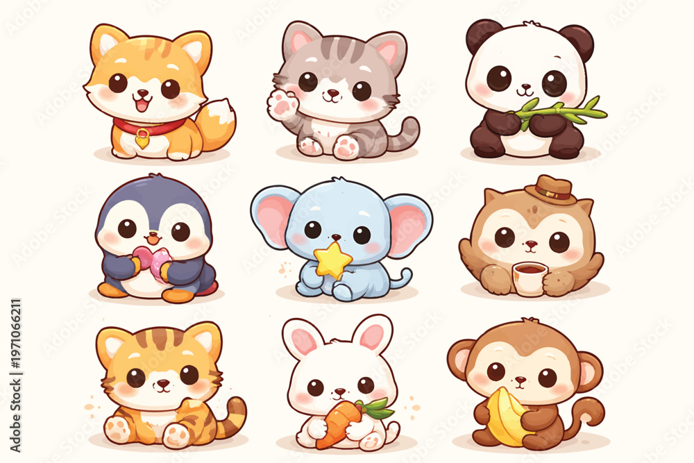 Obraz premium A delightful collection of nine adorable cartoon baby animals, including a fox, cat, panda, penguin, elephant, two monkeys, a tiger, and a rabbit, each with big eyes and charming expressions.